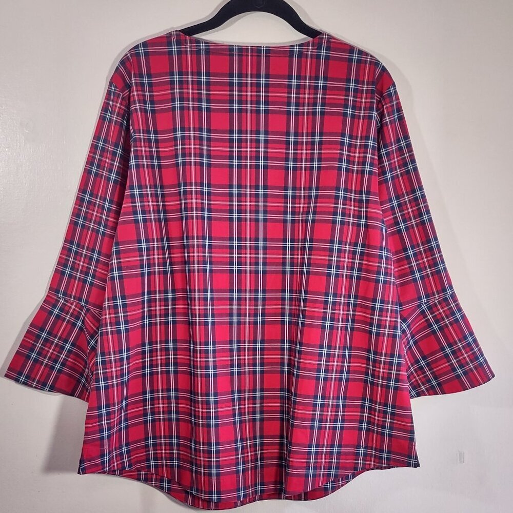 NWT Draper James Red Plaid Blouse Tunic 3/4 Bell Sleeve Ruffle Women's Large - Picture 4 of 11